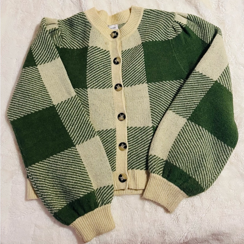 Lost + Wander Green and Cream Plaid Cardigan